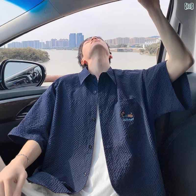 シャツ メンズ 男性用 半袖 ポリエステル 薄手 刺繡 花柄 襟付き トップス 普段使い 黒 ブラック 紺 ネイビー ベージュ