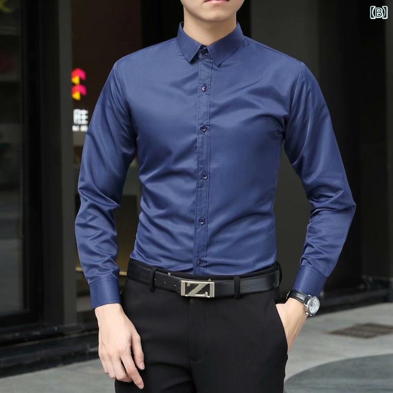 シャツ メンズ 長袖 ワークシャツ ビジネス トップス ポリエステル 普段使い カジュアル 肩章 無地 春秋 浅青 深青 ピンク 酒赤