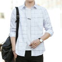 シャツ メンズ 長袖 スリム コットン カジュアル トップス 男性用 白 黒 格子柄 春夏秋冬