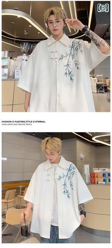 シャツ メンズ 竹柄 刺繍 半袖シャツ チャイナ風 コットン混紡 トップス 男性用 夏服 カジュアルスタイル ブラック ホワイト