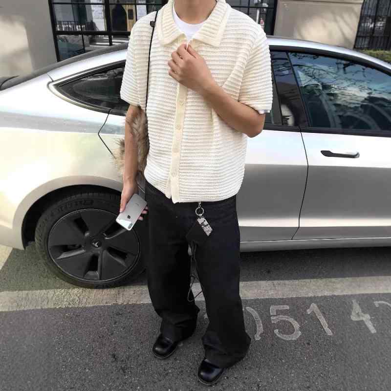 シャツ メンズ ニット 半袖 レトロ リラックスフィット オープンカラー カーディガン 夏ニット ボーダー柄 コットン混紡 薄手 接触冷感 普段使い