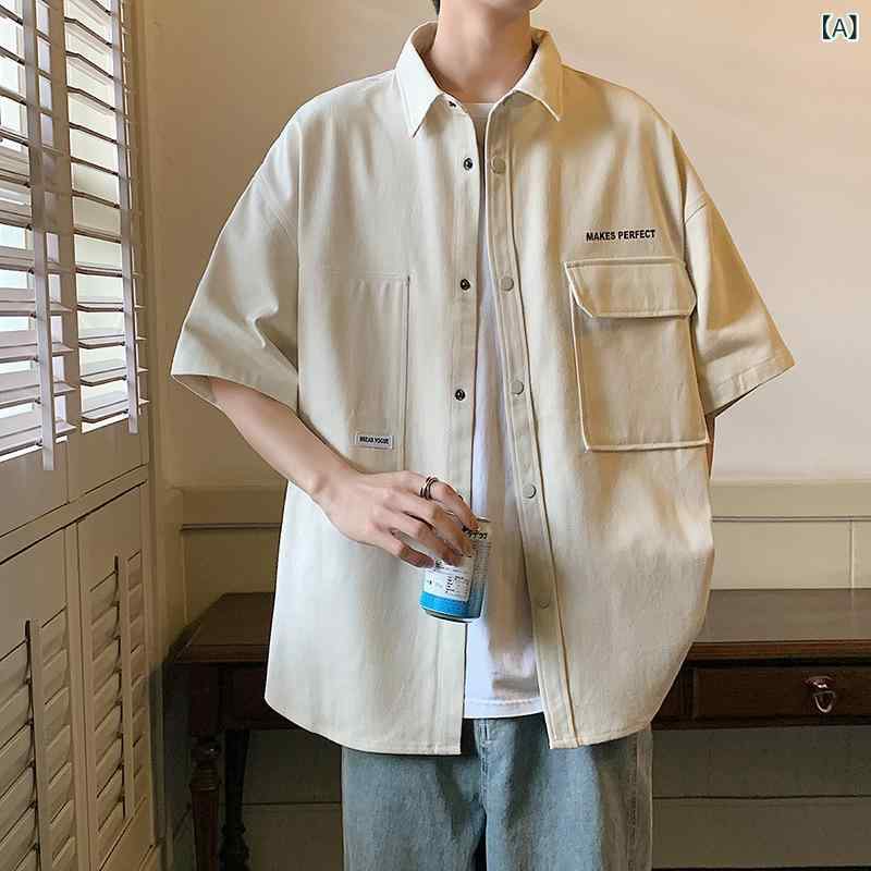 シャツ メンズ 半袖 ワークシャツ ポリエステル トップス カットソー ゆったり 薄手 カジュアル 春夏 白 黒 緑 茶色