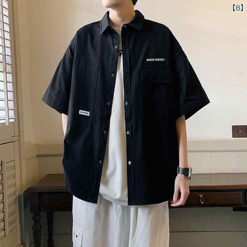 シャツ メンズ 半袖 ワークシャツ ポリエステル トップス カットソー ゆったり 薄手 カジュアル 春夏 白 黒 緑 茶色