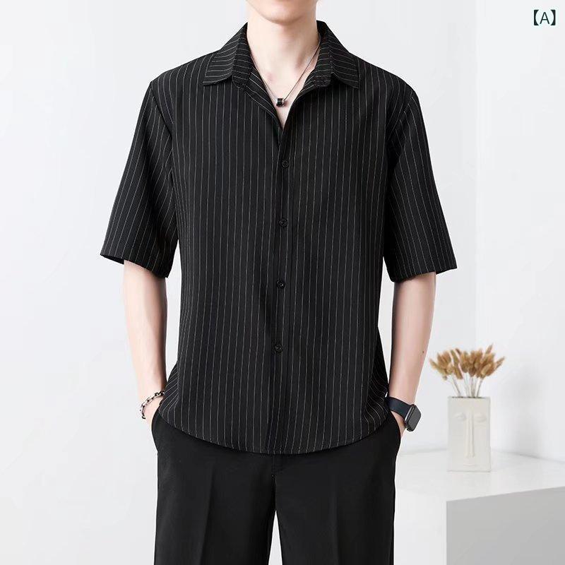 シャツ メンズ 半袖 ストライプ柄 スリムフィット オープンカラー ポリエステル混紡 ビジネス カジュアル トップス 薄手 ブラック ホワイト グレー ブルー 春夏