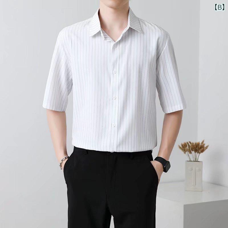 シャツ メンズ 半袖 ストライプ柄 スリムフィット オープンカラー ポリエステル混紡 ビジネス カジュアル トップス 薄手 ブラック ホワイト グレー ブルー 春夏
