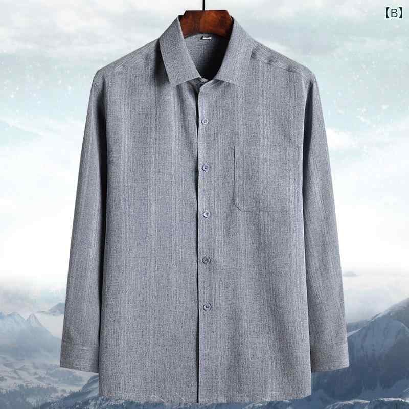 シャツ メンズ 男性用 長袖 綿麻 混紡 宽松 薄手 シニア グレイ グレー ネイビー 無地