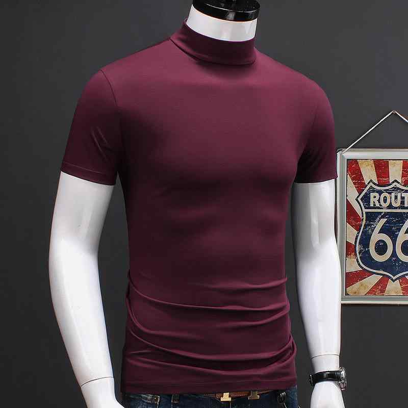 Tシャツ メンズ ハーフハイネック トップス 半袖 無地 スリムフィット カットソー 男性用 春秋 カジュアルスタイル 白/ワインレッド/グレー/ブルー/ブラック(x2)