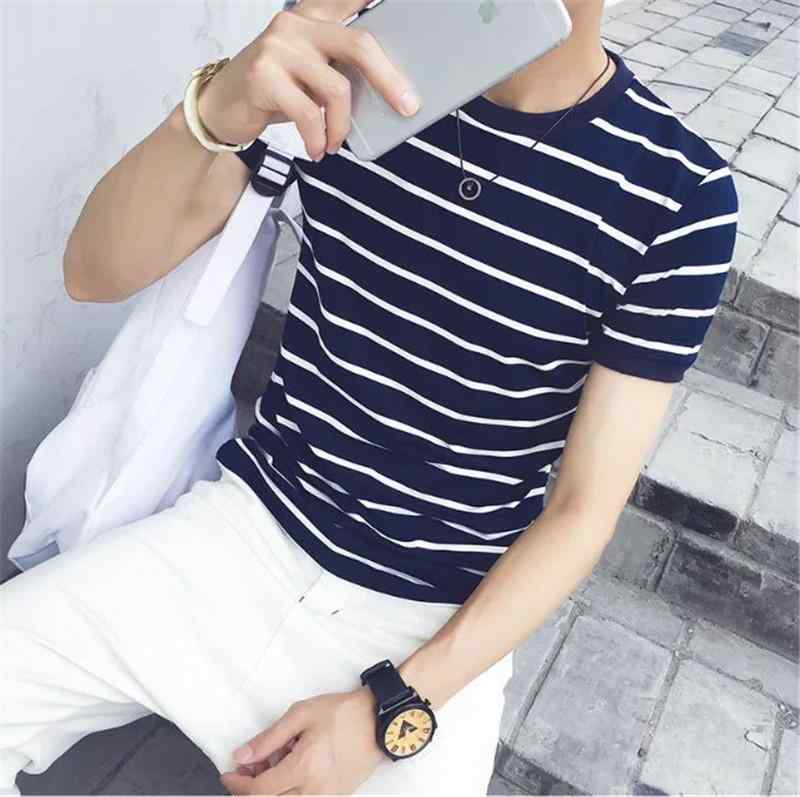 Tシャツ メンズ 男性用 ボーダー柄 トップス カットソー スリムフィット 薄手 コットン混紡 ラウンドネック 半袖 春夏 カジュアル スタイル