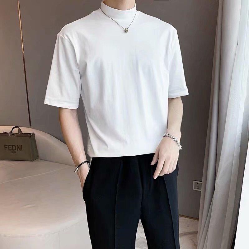 Rakuten - Tシャツ メンズ 男性用 無地 ハイネック カットソー インナー トップス 長袖 半袖 修身 春秋 黒 ブラック 白 ホワイト