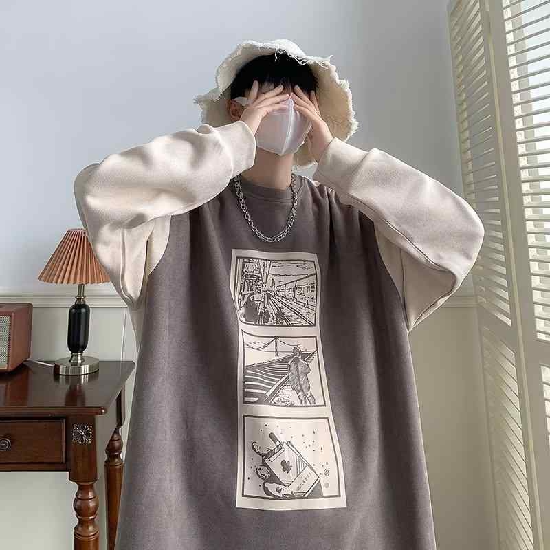 Tシャツ メンズ 男性用 スウェット トレーナー プルオーバー 長袖 ポリエステル 切り替え ラウンドネック 春秋 普段使い 部屋着 ブラック系