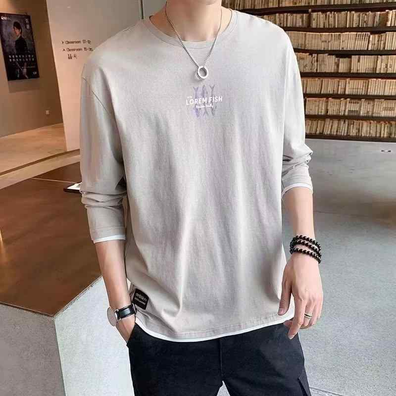 Rakuten - Tシャツ メンズ 長袖 ポリエステル ゆったりサイズ プルオーバー ラウンドネック 幾何学模様 プリント 春秋 トップス 普段使い カジュアル ブラック ホワイト グレー