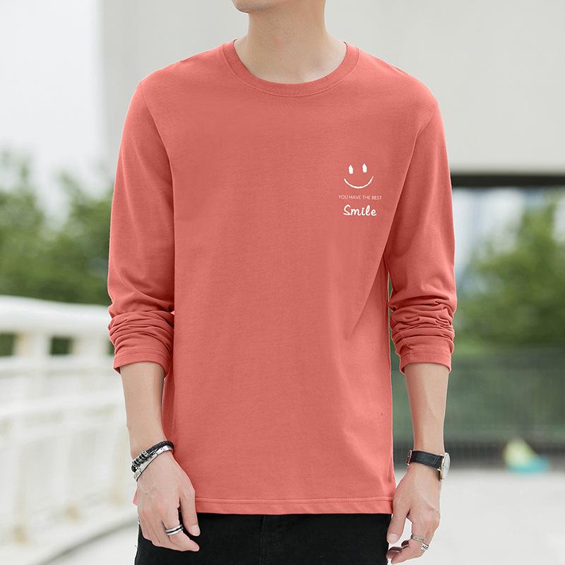 Tシャツ メンズ 長袖 コットン 春秋物 宽松 ラウンドネック カットソー トップス インナーウェア スマイル柄 プリント 秀红色 黒 白 雾霾藍 深グレー
