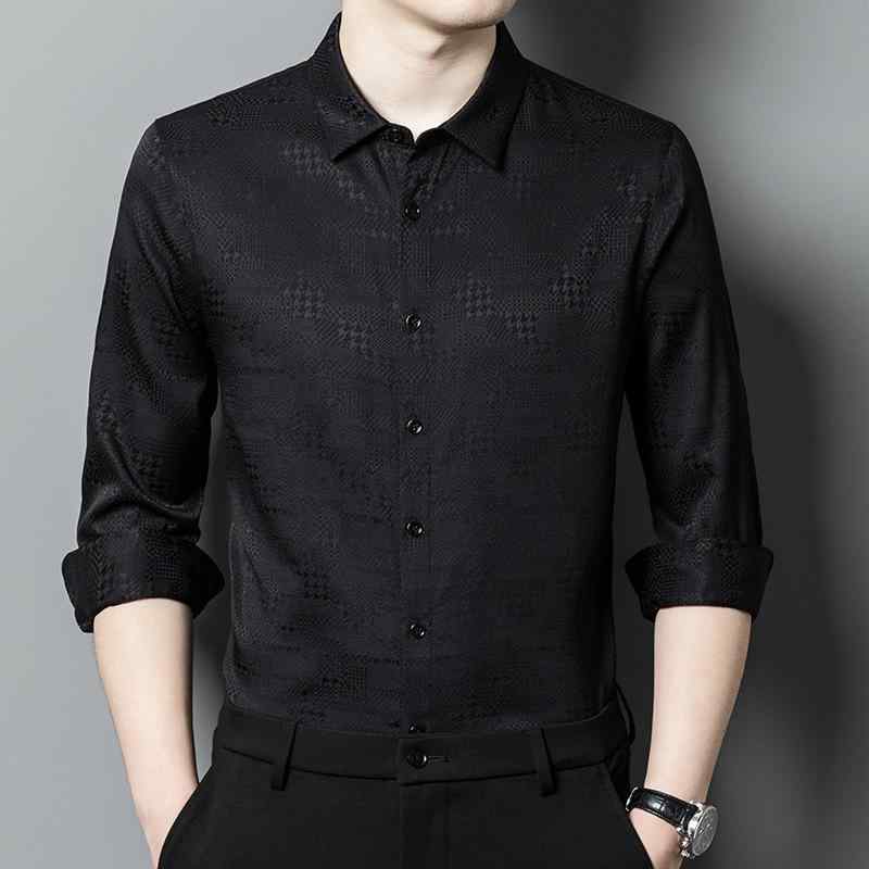 シャツ メンズ 男性用 桑蚕丝 長袖 トップス 提花 薄手 夏用 ビジネス カジュアル 黒 白