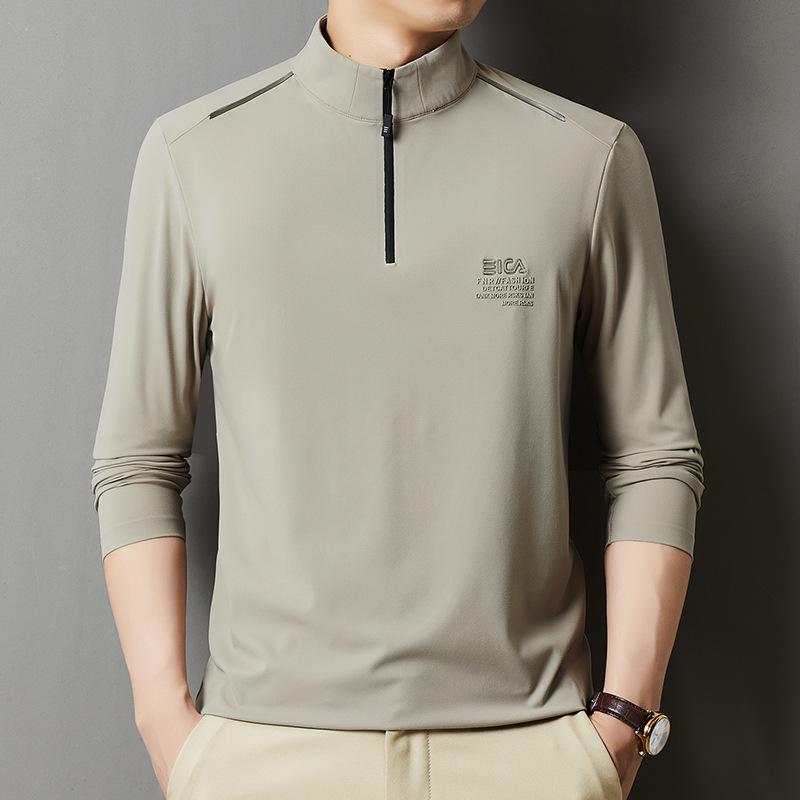 Tシャツ メンズ 男性用 長袖 立襟 春秋 薄手 リラックスフィット ナイロン混紡 無地 トップス カットソー 星空ブルー シルバーグレー ベージュ チャコールグレー(x2)