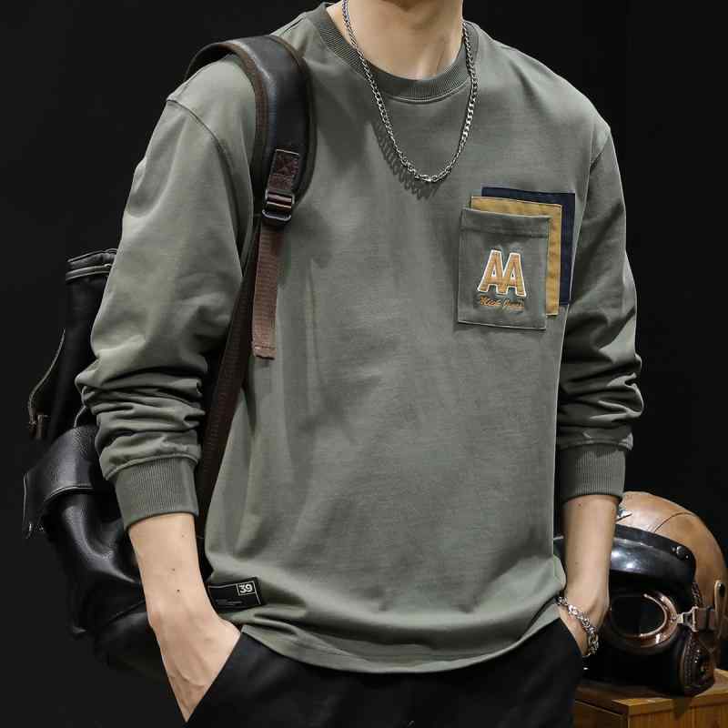Tシャツ メンズ 長袖 コットン ルーズフィット ビッグサイズ ラウンドネック トップス 刺繡 春秋 薄手 普段使い 部屋着 ブラック ネイビー グリーン