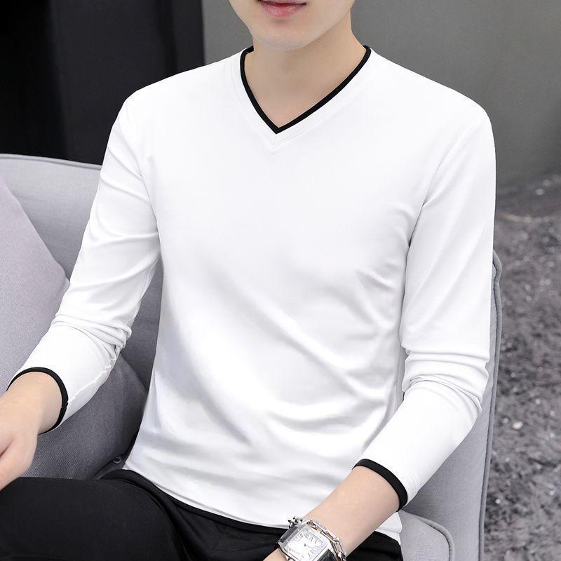 Tシャツ メンズ 男性用 長袖 Vネック カットソー 無地 トップス インナーウェア 春秋 綿混紡 スリムフィット カジュアル スタイル