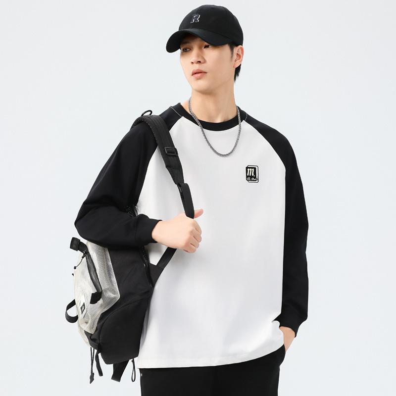 Henry Neck - Tシャツ メンズ 大きいサイズ 秋物 長袖 トップス コットン ゆったり 丸首 配色 切り替え 普段使い