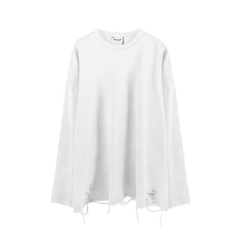 Tシャツ メンズ 無地 長袖 ダメージ加工 クルーネック カットソー トップス コットン 春秋 カジュアル ストリート 白 黒 グレー