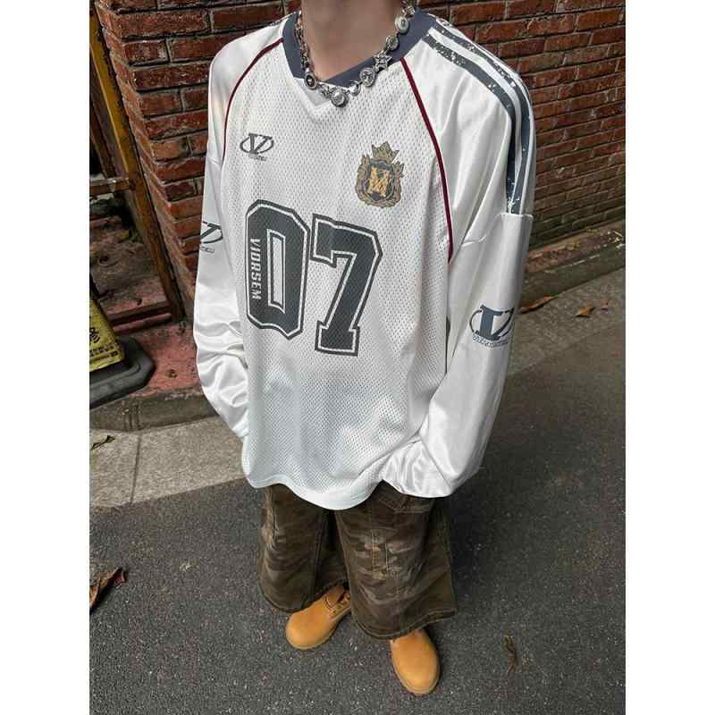 Spain （Clubs） - Tシャツ メンズ 男性用 アメリカン レトロ ロゴ プリント メッシュ 長袖 カットソー ストリート カジュアル スタイル ゆったりシルエット トップス 春夏 ポリエステル ブラック ホワイト系