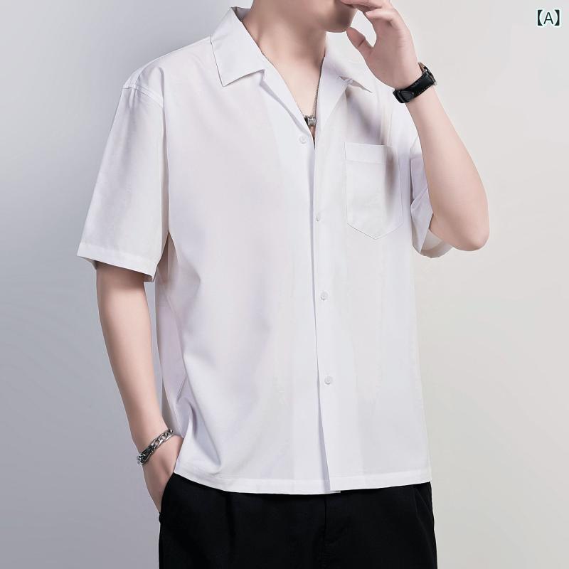 シャツ メンズ 男性用 半袖 合体型 無地 襟付き 若者 薄手 ポリエステル生地 トップス カジュアル 英倫スタイル ホワイト ブラック グレー 豆沙色 孔雀藍 卡其色 豆绿色 コーヒー色