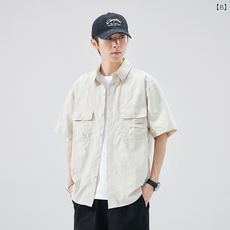 シャツ メンズ 男性用 トップス 半袖 無地 ワークシャツ ミリタリーシャツ ゆったり 薄手 夏服 黒 ブラック アイボリー