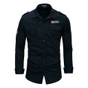 シャツ メンズ 男性用 長袖 コットン 翻領 アウトドア ミリタリー カジュアル ポケット付き カーキ ネイビー系(x2)