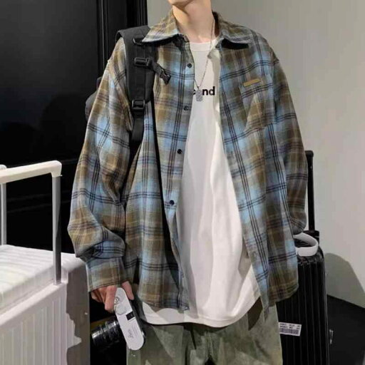 シャツ メンズ アメリカン レトロ 配色 格子柄 長袖 20代 30代 40代 ポリエステル 混紡 宽松 トップス 春秋 グリーン ブルー シャツ メンズ アメリカン レトロ 配色 格子柄 長袖 20代 30代 40代 ポリエステル 混紡 宽松 トップス 春秋 グリーン ブルー