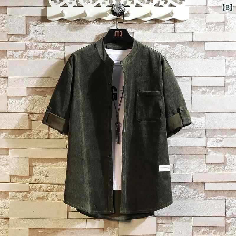 シャツ メンズ 男性用 中袖 コーデュロイ レトロ 韓国 スタイリッシュ カジュアル 開襟 トップス ライトアウター 普段使い 春秋 グレー カーキ ブラック