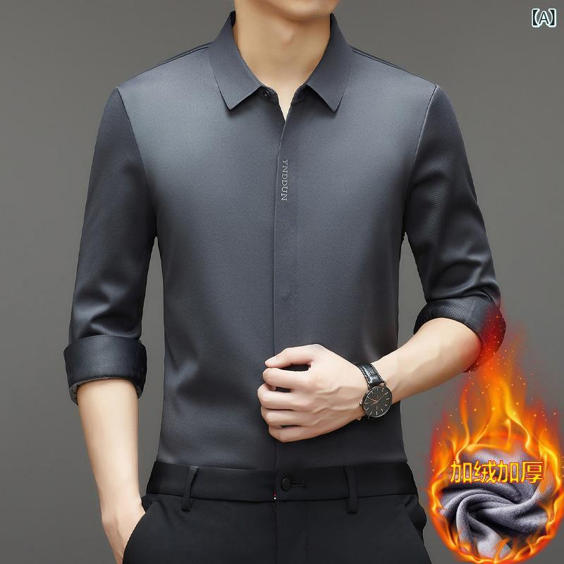 シャツ メンズ 長袖 防寒 裏起毛 厚手 ビジネス 無地 ポリエステル 形態安定 グレー ブラック レッド(x2)