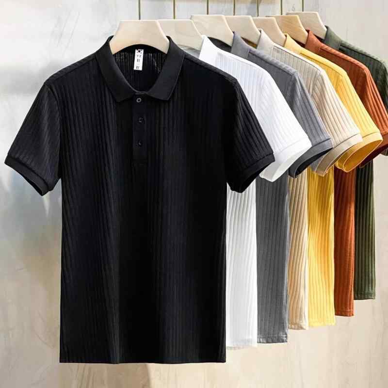 ポロシャツ メンズ 紳士 半袖 リブ ストライプ柄 ポリエステル 薄手 スリム 韓国 カジュアル トップス 白 グレー 黒 杏色 緑 赤