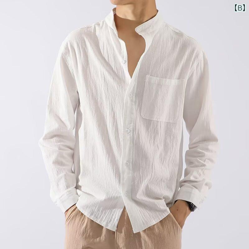 シャツ メンズ 長袖シャツ レトロ 無地 トップス 羽織り ワークスタイル ポリエステル ブラック ホワイト系 カーキ 春秋