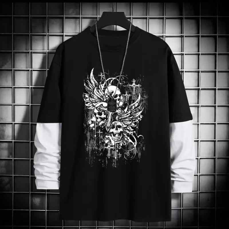 Rakuten - Tシャツ メンズ 長袖 ルーズフィット ポリエステル プリント クルーネック カットソー トップス スカル デビル柄 ブラック ダークグレー グレー ベージュ