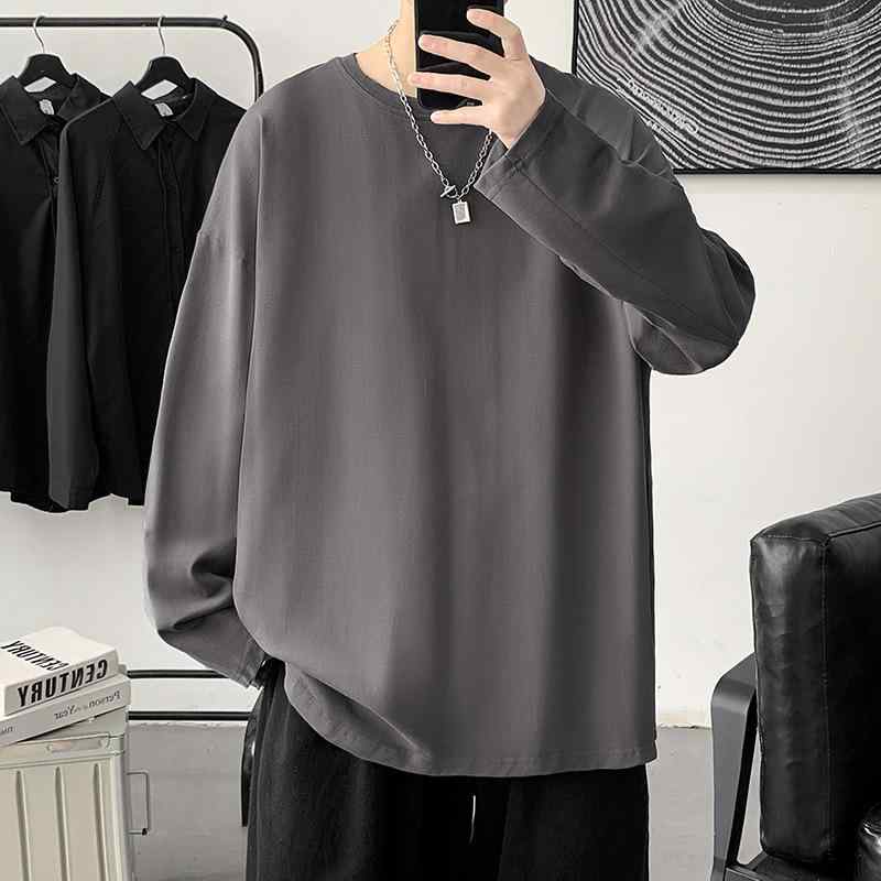 Tシャツ メンズ 男性用 大きいサイズ ゆったり 長袖 カットソー 韓国 無地 カジュアル インナー ラウンドネック プルオーバー トップス 綿混紡 春物 春秋 白 黒 グレー(4.0)