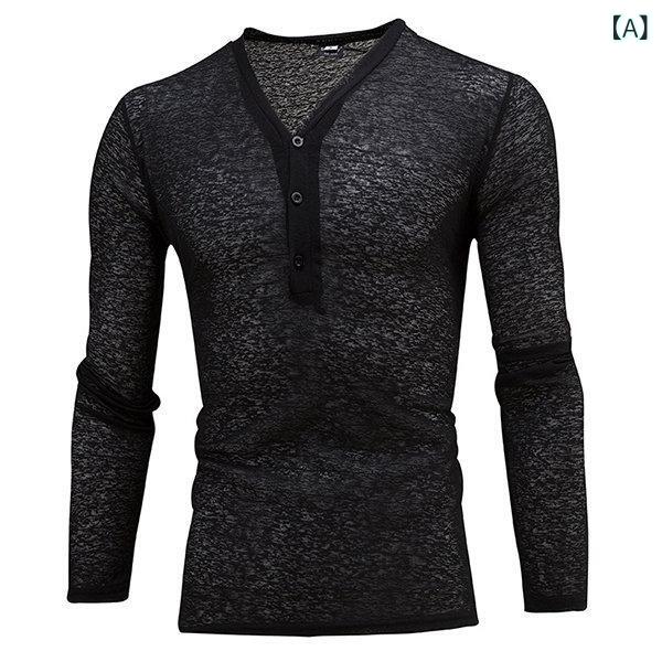 Tシャツ メンズ 男性用 トップス 長袖 ポリエステル 無地 薄手 合体型 黒 白 普段使い 部屋着