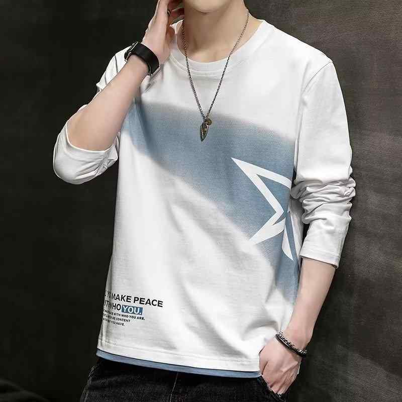 Tシャツ メンズ 長袖 ポリエステル ラウンドネック プルオーバー プリント ゆったり グレー ホワイト ピンク系 秋 普段使い