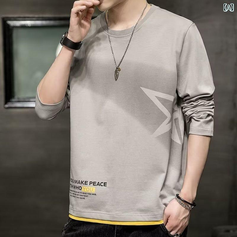 Tシャツ メンズ 長袖 ポリエステル ラウンドネック プルオーバー プリント ゆったり グレー ホワイト ピンク系 秋 普段使い