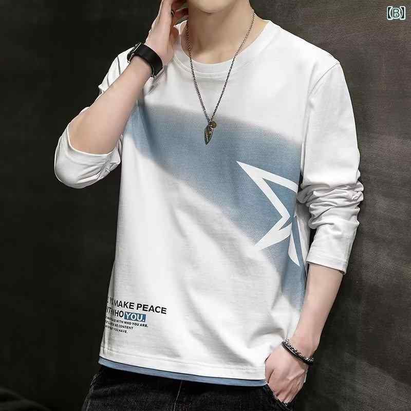 Tシャツ メンズ 長袖 ポリエステル ラウンドネック プルオーバー プリント ゆったり グレー ホワイト ピンク系 秋 普段使い