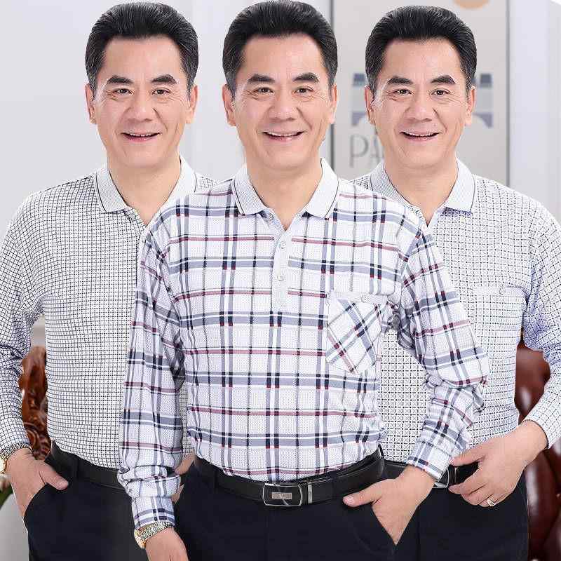 ポロシャツ 男性用 長袖 トップス チェック柄 接触冷感 翻領 薄手 コットン混紡 ビジネス カジュアル 普段使い(x15)