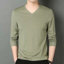 Tシャツ メンズ Vネック 長袖 ポリエステル 無地 スリム 薄手 秋物 普段使い 紺色 黒 緑 白 水色 小豆色 ワインレッド コーヒー色