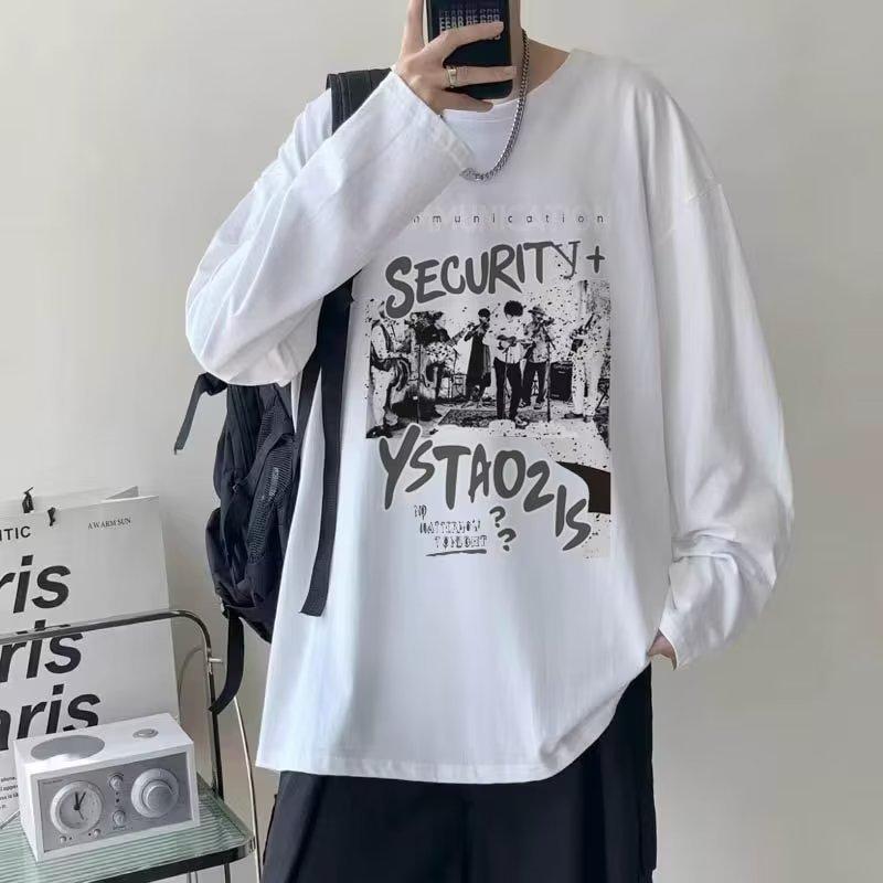 Rakuten - Tシャツ メンズ 男性用 長袖 秋物 ストリート系 ゆったりサイズ トップス ポリエステル プリント 深グレー 白 黒 水色