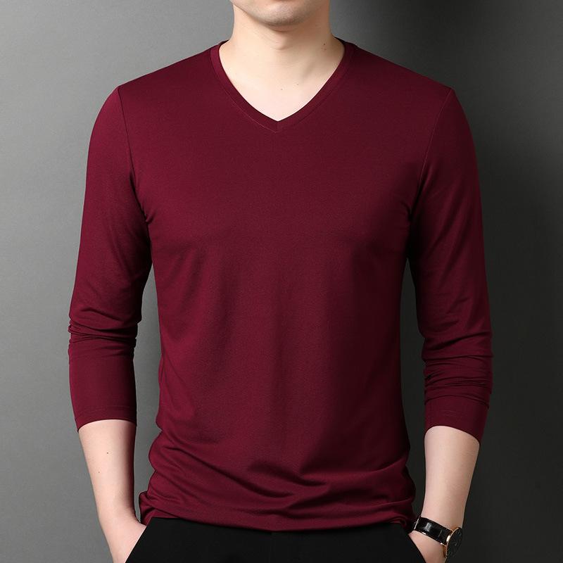 Tシャツ メンズ Vネック 長袖 薄手 大きいサイズ 春秋 ポリエステル ワインレッド 紺 黒 白 グレー カットソー トップス インナー 部屋着(x2)(4.0)