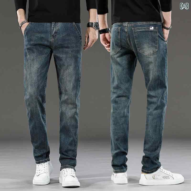ジーンズ メンズ レトロ ストレート 秋冬 厚手 コットン デニムパンツ ゆったり ジーパン ウォッシュ加工 ブルー 青 グレー