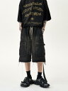 デニム メンズ デニムパンツ ストレート カーゴパンツ ハーフパンツ 薄手 ブラック ユーズド加工 春(x3)