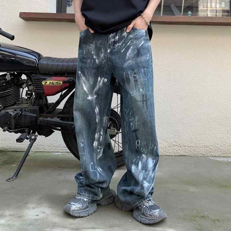 ジーンズ メンズ ストレート ウォッシュ加工 ダメージ加工 プリント デニムパンツ ブルージーンズ アメカジ ジーパン 春