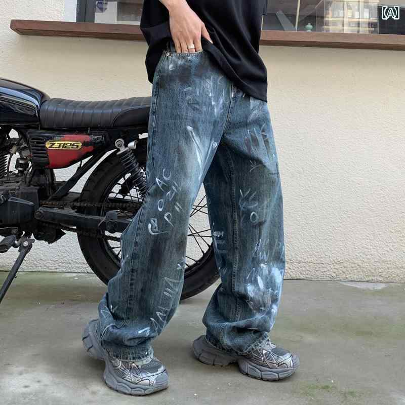 ジーンズ メンズ ストレート ウォッシュ加工 ダメージ加工 プリント デニムパンツ ブルージーンズ アメカジ ジーパン 春