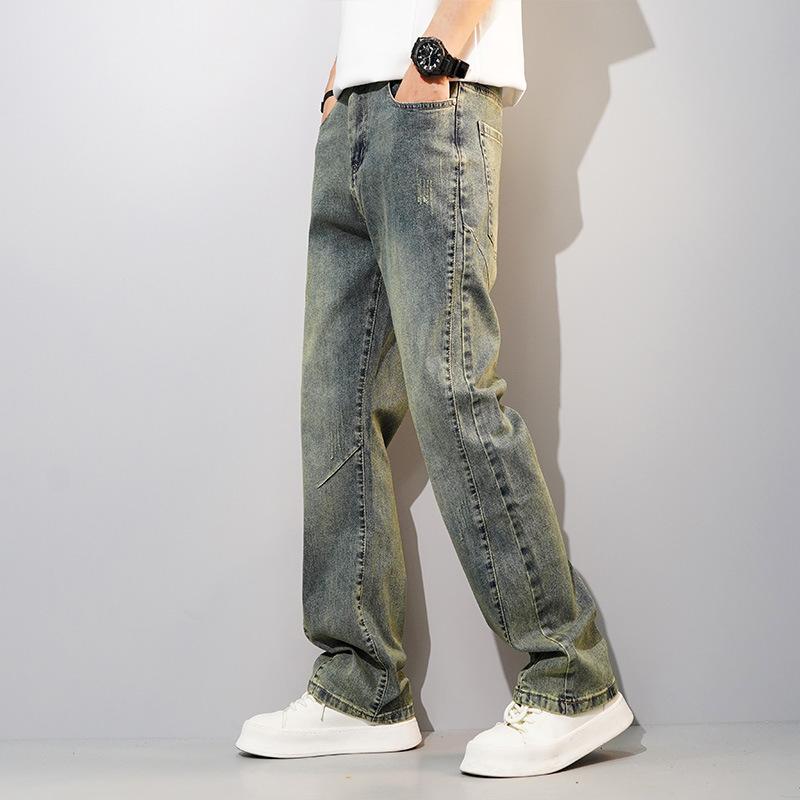 デニム メンズ 水洗加工 ストレートジーンズ ジーパン ヴィンテージ加工 ユーズド加工 微ストレッチ 普段使い 春秋 男性用 ズボン パンツ ボトムス Gパン 長ズボン ウォッシュデニム インディゴブルー