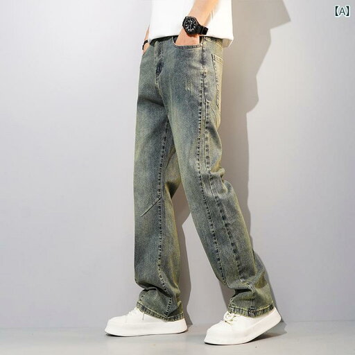 デニム メンズ 水洗加工 ストレートジーンズ ジーパン ヴィンテージ加工 ユーズド加工 微ストレッチ 普段使い 春秋 男性用 ズボン パンツ ボトムス Gパン 長ズボン ウォッシュデニム インディゴブルー