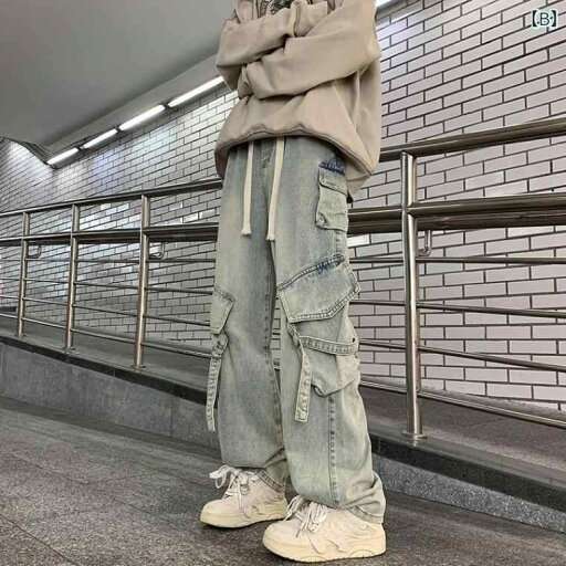 デニム メンズ カーゴパンツ 春秋用 ワイド ストレートジーンズ ゆったり ボトムス 多ポケット ブラック ブルー