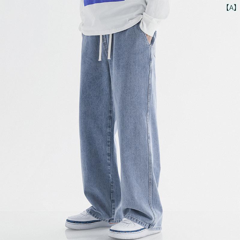 デニム メンズ ジーンズ 浅青 ストレート ワイドレッグ ローライズ 薄手 パンツ 水洗い 立体裁断 ジーパン Gパン カジュアル ゆったり 普段使い 春夏