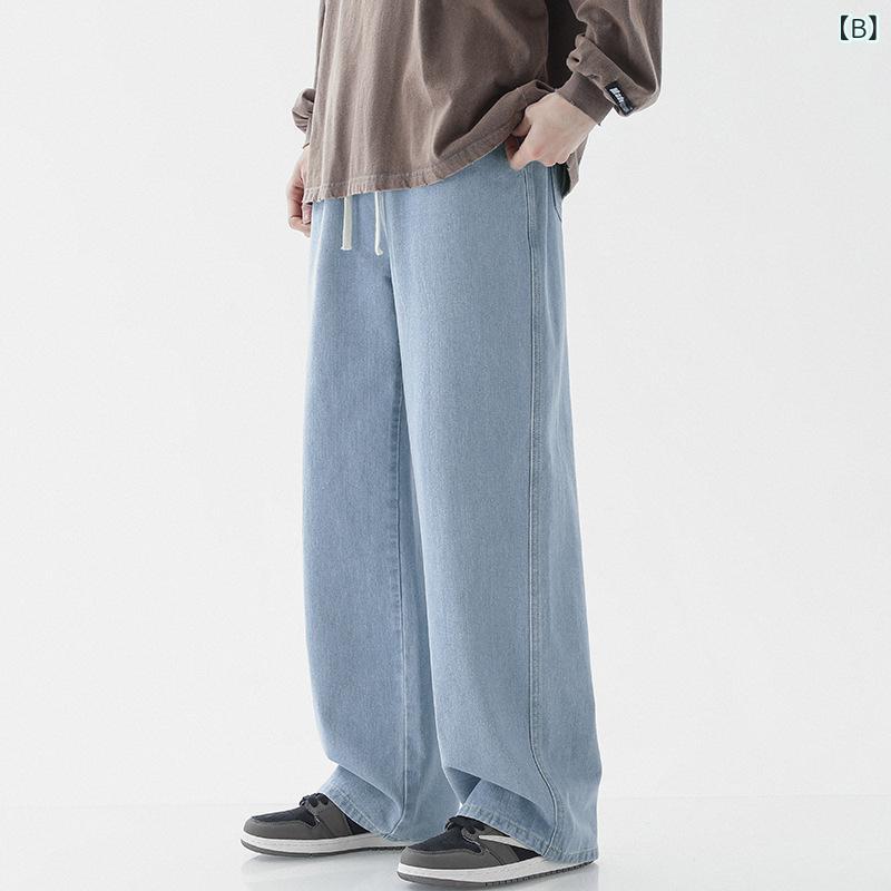 デニム メンズ ジーンズ 浅青 ストレート ワイドレッグ ローライズ 薄手 パンツ 水洗い 立体裁断 ジーパン Gパン カジュアル ゆったり 普段使い 春夏